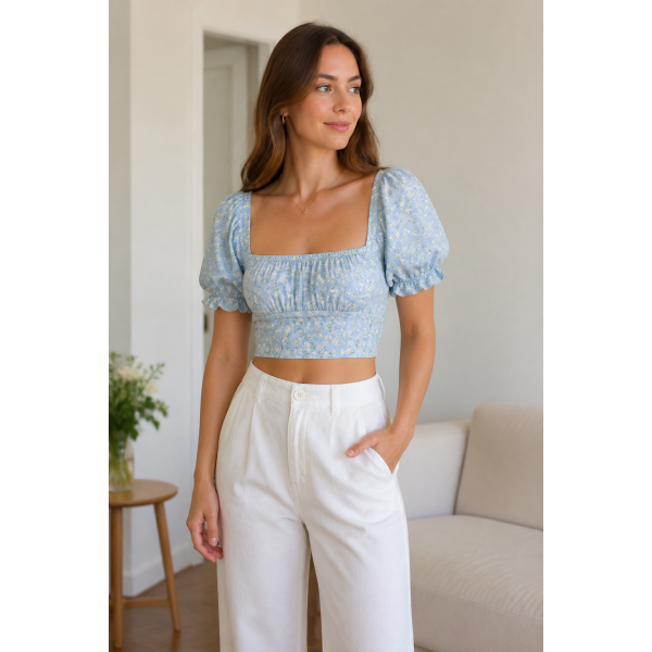 Puff-Sleeve Square-Neck Crop Top