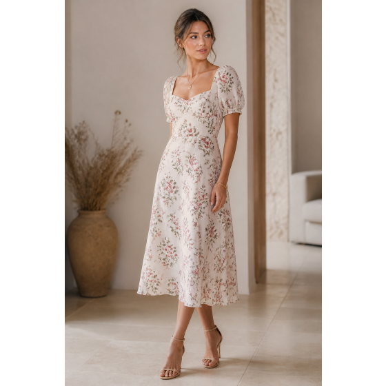 French Fitted Floral Midi Dress