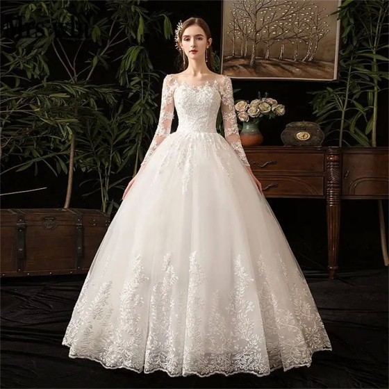 Full Sleeve Lace Wedding Dresses New Luxury Ball Gown