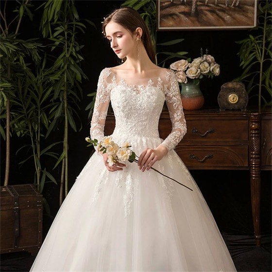Full Sleeve Lace Wedding Dresses New Luxury Ball Gown