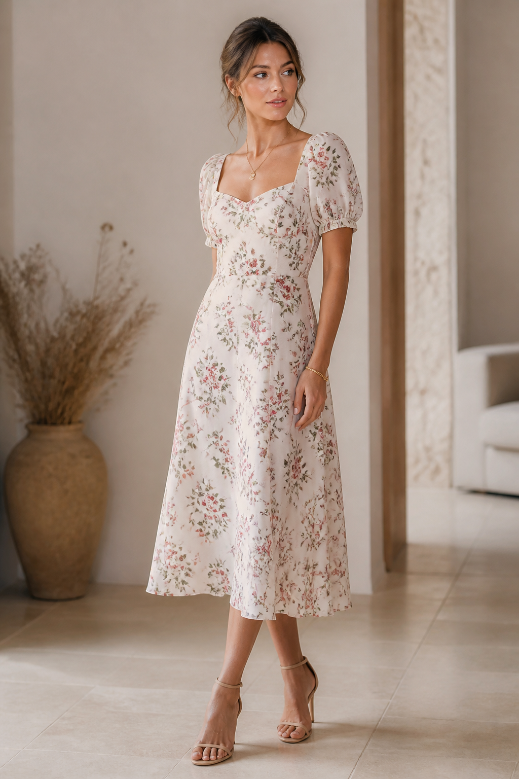 French Fitted Floral Midi Dress